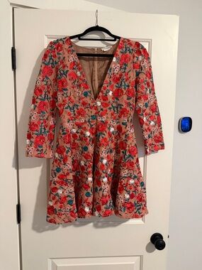 Lovers + Friends Peach Mini Dress with Red Floral Embroidery